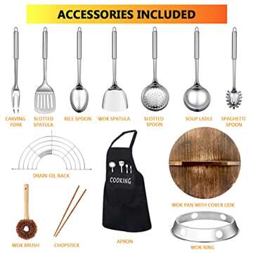 kaqinu Carbon Steel Wok Pan, 14 Piece Woks & Stir-Fry Pans Set with Wooden Lid Cookwares, No Chemical Coated Flat Bottom Chinese Pan for Induction, Electric, Gas, Halogen All Stoves - 12.6''