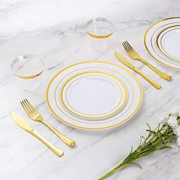 Goodluck 600 Pieces Gold Disposable Plates for 100 Guests, Plastic Plates for Party, Dinnerware Set of 100 Dinner Plates, 100 Salad Plates, 100 Spoons, 100 Forks, 100 Knives, 100 Cups