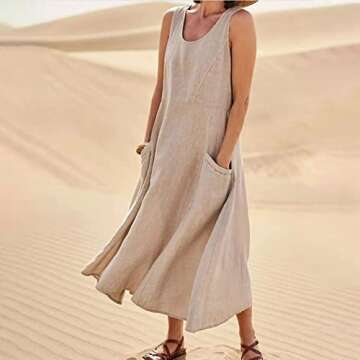 Maxi Dress for Women,2023 Spring Summer Cotton Linen Dress,Ladies Plus Size Boho Beach Flowy Long Dress with Pockets,Casual Trendy Elegant Sleeveless Sundress for Holiday Resort Wear（C-Khaki,3XL