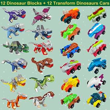 Dinosaur Advent Calendar 2022 for Kids Boys 24 Days Countdown Christmas Calendars 12 Transform Dino Cars +12 in 1 Building Blocks Toys Holiday Xmas Stocking Stuffers Gift Christmas Party Favor