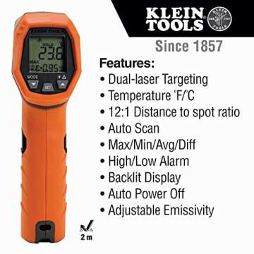 Klein Tools IR5 Dual Laser 12:1 Infrared Thermometer, Digital Thermometer Gun with Backlit Display, Dual Laser Targeting and Auto Scan, Wide Temperature Range