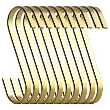 RuiLing 12-Pack 4.5 Inch Gold Chrome Finish Steel Hanging Flat Hooks - S Shaped Hook Heavy-Duty S Hooks, for Kitchenware, Pots, Utensils, Plants, Towels, Gardening Tools, Clothes