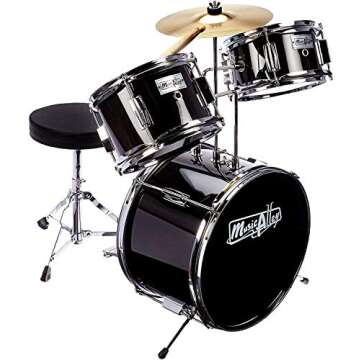 Music Alley 3 Piece Kids Drum Set - Complete Metallic Black Set with Throne