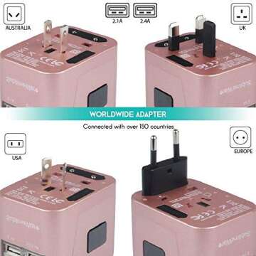 Universal Travel Adapter International All in One Plug (Rose Gold)- w/4 USB Ports Work - 150+ Countries - 220 Volt - Type C A G I for UK Japan Germany France EU European