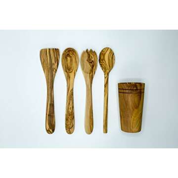 Olive Wood 5-Piece Wooden Cooking Utensil Set - Includes holder with spatula, cooking/mixing spoon, salad spoon and fork - Handcrafted in Tunisia - Unique patterns and color variations