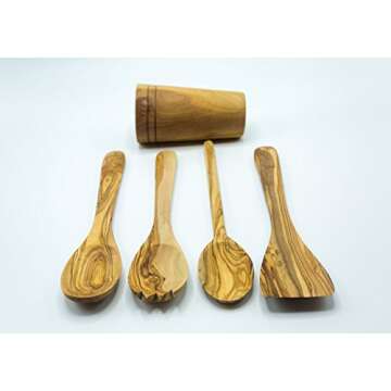 Olive Wood 5-Piece Wooden Cooking Utensil Set - Includes holder with spatula, cooking/mixing spoon, salad spoon and fork - Handcrafted in Tunisia - Unique patterns and color variations