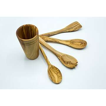 Olive Wood 5-Piece Wooden Cooking Utensil Set - Includes holder with spatula, cooking/mixing spoon, salad spoon and fork - Handcrafted in Tunisia - Unique patterns and color variations