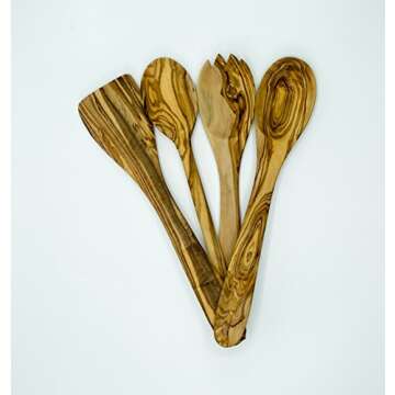 Olive Wood 5-Piece Wooden Cooking Utensil Set - Includes holder with spatula, cooking/mixing spoon, salad spoon and fork - Handcrafted in Tunisia - Unique patterns and color variations