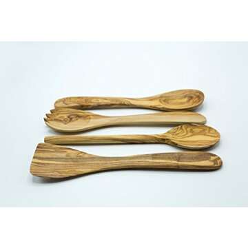 Olive Wood 5-Piece Wooden Cooking Utensil Set - Includes holder with spatula, cooking/mixing spoon, salad spoon and fork - Handcrafted in Tunisia - Unique patterns and color variations