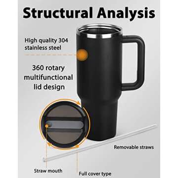 AMLYHUM Tumbler With Handle and Straw Lid 40 oz, Stainless Steel Water Bottle Travel Mug Insulated Reusable Iced Coffee Tea Cup for Hot and Cold Beverages Gift Large Capacity