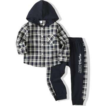 Toddler Infant Baby Boy Clothes Outfit Plaid Long Sleeve Hoodie Sweatshirt Pants Fall Winter Clothes Set for Baby Boy