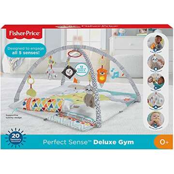 Fisher-Price Baby Playmat Perfect Sense Deluxe Gym with Tummy Time Wedge & Sensory Activities for Developmental Play Newborns Ages 0+ Months