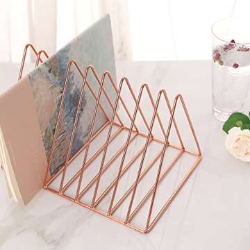 Sooyee 9 Slot Rose Gold Magazine Holder,Desktop File Sorter Organizer Triangle Bookshelf Decor Home Office