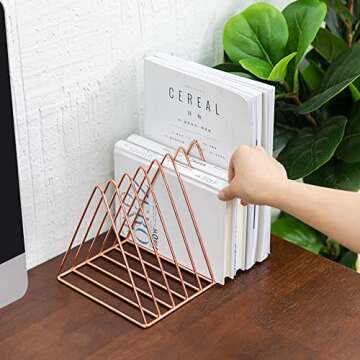 Sooyee 9 Slot Rose Gold Magazine Holder,Desktop File Sorter Organizer Triangle Bookshelf Decor Home Office