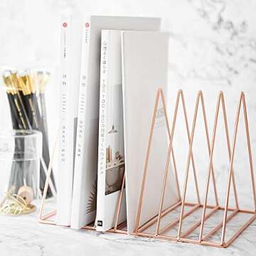 Sooyee 9 Slot Rose Gold Magazine Holder,Desktop File Sorter Organizer Triangle Bookshelf Decor Home Office