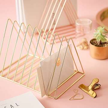 Sooyee 9 Slot Rose Gold Magazine Holder,Desktop File Sorter Organizer Triangle Bookshelf Decor Home Office