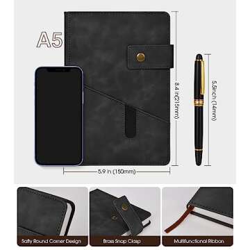 Black A5 Lined Leather Journal Notebook,Personalized Hardcover Journal Set with Pen & Gift Box,100Pages 100gsm Thick Ruled Paper Daily Diary for Men Women School,Travel,Business,Work,Home Writing