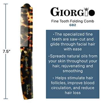 Giorgio G82 Folding Pocket Comb for Men, Fine Tooth Hair Comb for Everyday Grooming Styling Hair, Beard or Mustache, Use Dry or with Balms, Handmade, Saw Cut Hand Polished (7.87")