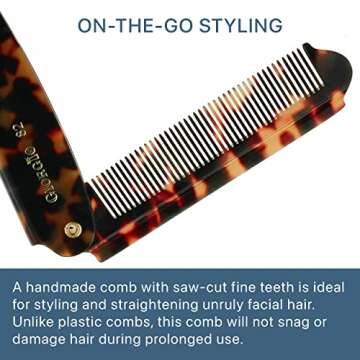 Giorgio G82 Folding Pocket Comb for Men, Fine Tooth Hair Comb for Everyday Grooming Styling Hair, Beard or Mustache, Use Dry or with Balms, Handmade, Saw Cut Hand Polished (7.87")