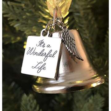 It's a Wonderful Life Inspired Christmas Angel Bell Ornament with Stainless Steel Angel Wing Charm. New Larger Size and Now Comes with 2 Interchangeable Ribbons. (Stainless Steel)