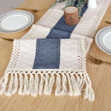 FEXIA Boho Table Runner for Home Decor 36 Inches Long Farmhouse Rustic Table Runner Cream & Blue Macrame Table Runner with Tassels for Boho Dining Bedroom Decor Rustic Bridal Shower (12x36 Inches)