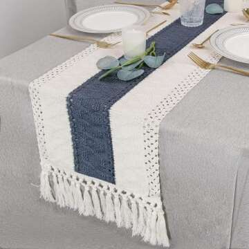 FEXIA Boho Table Runner for Home Decor 36 Inches Long Farmhouse Rustic Table Runner Cream & Blue Macrame Table Runner with Tassels for Boho Dining Bedroom Decor Rustic Bridal Shower (12x36 Inches)