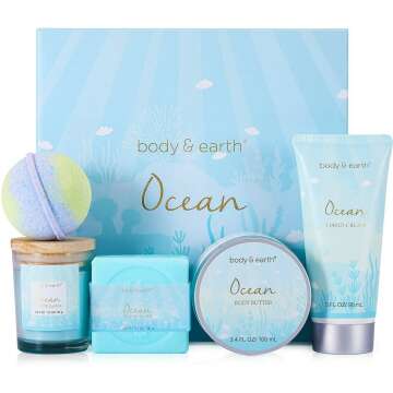 Spa Gifts for Women, Bath Set with Ocean Scented Spa Gifts Box for Her,Includes Scented Candle, Body Butter, Hand Cream, Bath Bar and Bomb,5 Pcs Bath Set, Gifts Set for Women,Valentine's Day Gifts