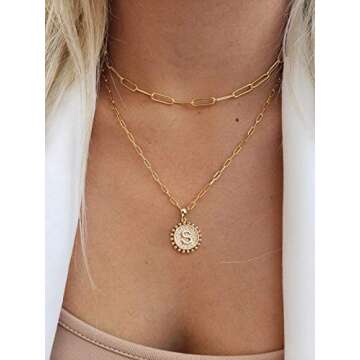 Yoosteel Gold Initial Necklaces for Women, 14K Gold Plated Layering Paperclip Link Chain Necklace Personalized M Round Pendant Initial Necklaces for Women Gold Jewelry