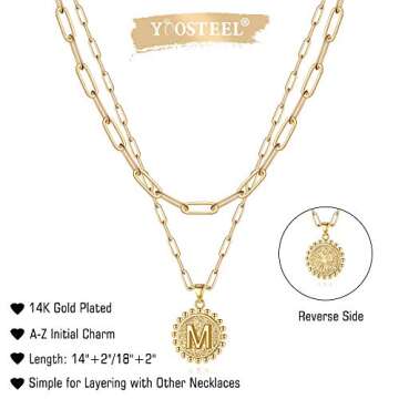 Yoosteel Gold Initial Necklaces for Women, 14K Gold Plated Layering Paperclip Link Chain Necklace Personalized M Round Pendant Initial Necklaces for Women Gold Jewelry