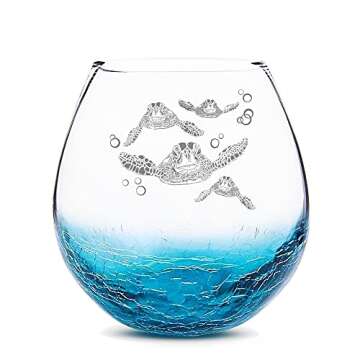 Christmas Gifts for Mom from Daughter, Sea Turtle Gifts for Women, Etched Sea Turtles Family Handmade Engraved Crackle Turquoise Beach Wine Glass 18 Ounces