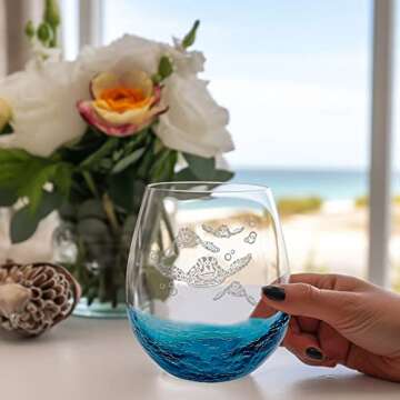 Christmas Gifts for Mom from Daughter, Sea Turtle Gifts for Women, Etched Sea Turtles Family Handmade Engraved Crackle Turquoise Beach Wine Glass 18 Ounces