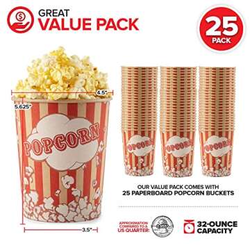 Stock Your Home 32 Oz Kraft Popcorn Buckets (25 Count) - Greaseproof Vintage Style Popcorn Cups - Disposable Popcorn Containers for Movie Theaters, Amusement Parks, Concession Stands & Themed Parties