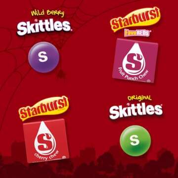 SKITTLES Original, SKITTLES Wild Berry & STARBURST Original and STARBURST FaveReds Nut Free Halloween Fun Size Chewy Candy Individually Wrapped Trick or Treat Variety Bag, 32.28 Oz Jumbo Pack