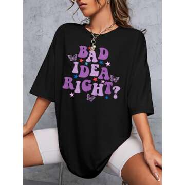 Concert Shirt Women Oversized Bad Idea Right Shirts Retro Country Music Shirt Oversized Music Lover Fans Tee Tops Black