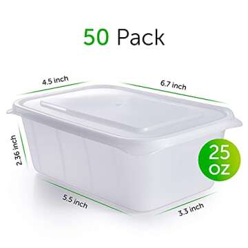 PrepNaturals 50 Pack Meal Prep Containers - 50 Pack of 25 Oz 100% BPA-free Plastic Food Storage Containers with Lids - Reusable Plastic Containers with Lids - Dishwasher Safe Lunch Containers