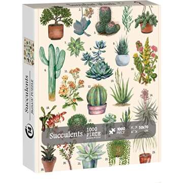 Vintage Succulent Puzzles for Adults 1000 Pieces, House Plants Puzzle Nature Featuring 23 Succulent Plants, Cactus Jigsaw Puzzle Botanical