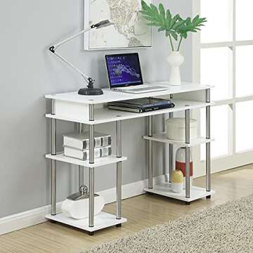 Convenience Concepts Designs2Go No Tools Desk Home Office Desk with Shelves, Corner Shelf Vanity Desk Computer Desk Nail Table for Nail Tech - 47.25" L x 15.75" W x 30" H, White