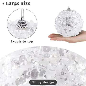 MCEAST 8 Pieces 4 Inches Christmas Ball Ornaments Sequin Glitter Ball Decorative Xmas Baubles Set ​Festive Hanging Ornaments for Xmas Tree House Holiday Wedding Party Decoration, White