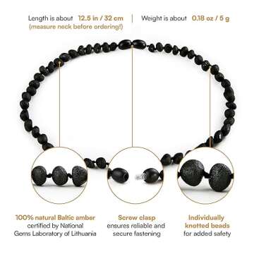 Amber Guru Baltic Amber Necklace (Authentic, Certified) - 12.5 inches - Unisex Jewelry - Black (Raw/Unpolished) - Real Amber Beads - Proud to Deliver Genuine Baltic Sea Wonder - Ambar