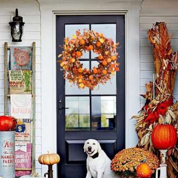 MAINGKAUNG 22 Inch Fall Wreath Artificial Pumpkin Wreaths for Front Door Autumn Door Wreath with Orange Eucalyptus Leaves Berries for Thanksgiving Day Harvest Festival Indoor Outdoor Celebration