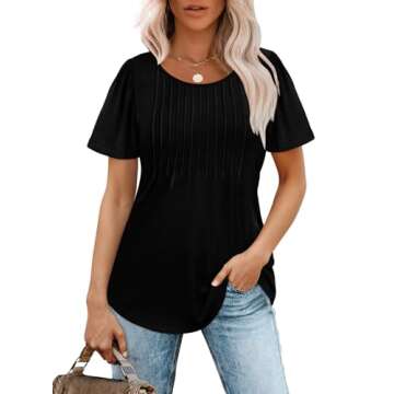 Womens Black T Shirts Short Sleeve Dressy Casual Business Work Blouses Summer Tops Pleated Front S