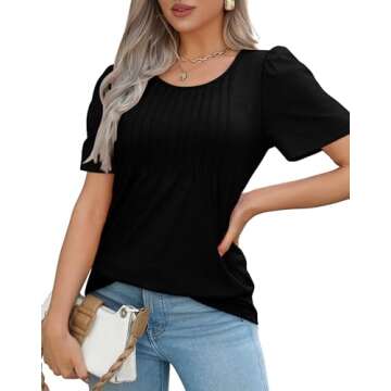 Womens Black T Shirts Short Sleeve Dressy Casual Business Work Blouses Summer Tops Pleated Front S