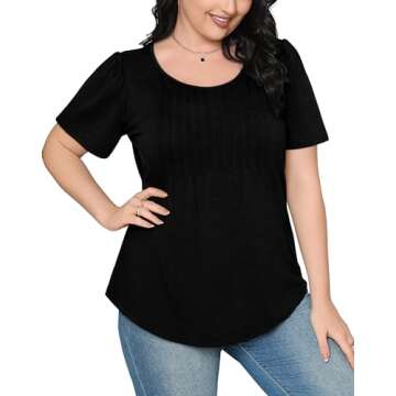 Womens Black T Shirts Short Sleeve Dressy Casual Business Work Blouses Summer Tops Pleated Front S