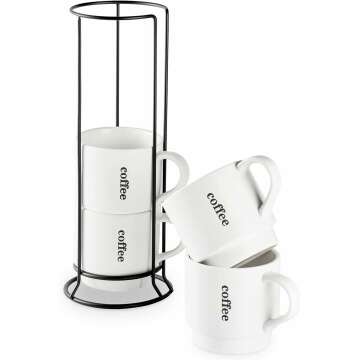 LAUCHUH Coffee Mugs Set of 4, 15 Ounce Stackable Coffee Mugs with Rack Latte Cup Porcelain Mugs for Coffee, Tea, Hot Cocoa, Milk, Dishwasher & Microwave Safe, Father's Day Gifts, White