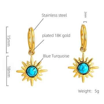 Gold Dangle Drop Hoop Earrings for Women Men Gold Plated Dainty Earrings Hypoallergenic Evil Eye/Pearl Shell/Turquoise/Eight Awn Star/Spike/Wing/Star/Leaf Fashion Piercing Jewelry (Turquoise Spike)