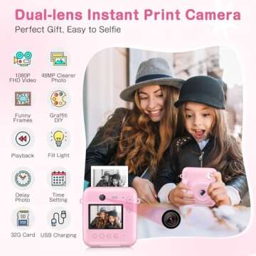 Kids Camera Instant Print, Dual-Lens 48MP Digital Camera for Christmas Birthday Gifts, 1080P Selfie Instant Cameras for Kids with 32GB Card, Instant Print Digital Camera for Girls Boys-Pink