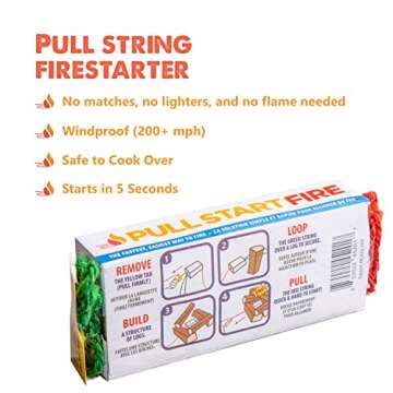 Pull Start Fire Pull String Firestarter | No Matches Required, Fire Starts in Seconds | for Campfires, Grill, Fireplace, BBQ | Lights Wet Wood, Easy to Use, Food Safe and Weather Resistant | 12 Pack