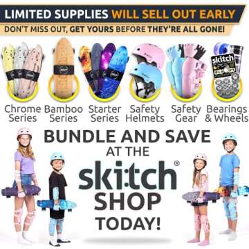 SKITCH Complete Skateboard Gift Set for All Ages | 22" x 6" Chrome Mini Cruiser Board + Skateboard Backpack + ABEC 9 Bearings + Skate Tool + Tote Bag | Skateboards for Kids, Teens and Adults (Silver)