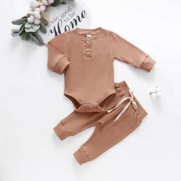 Newborn Baby Boy Girl Clothes Ribbed Knitted Cotton Long Sleeve Romper Long Pants Solid Color Fall Winter Outfits (A- Khaki, 0-3 Months)