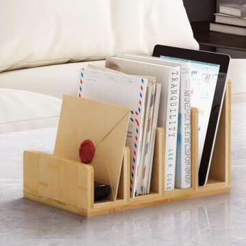 Bamboo Mail Organizer,4 Slots File Organizer for Desk,Mail Organizer Countertop Desk Organizer for Bill/Envelop/File/Ipad/Book,File Folder Organizer Mail Sorter for Office Home